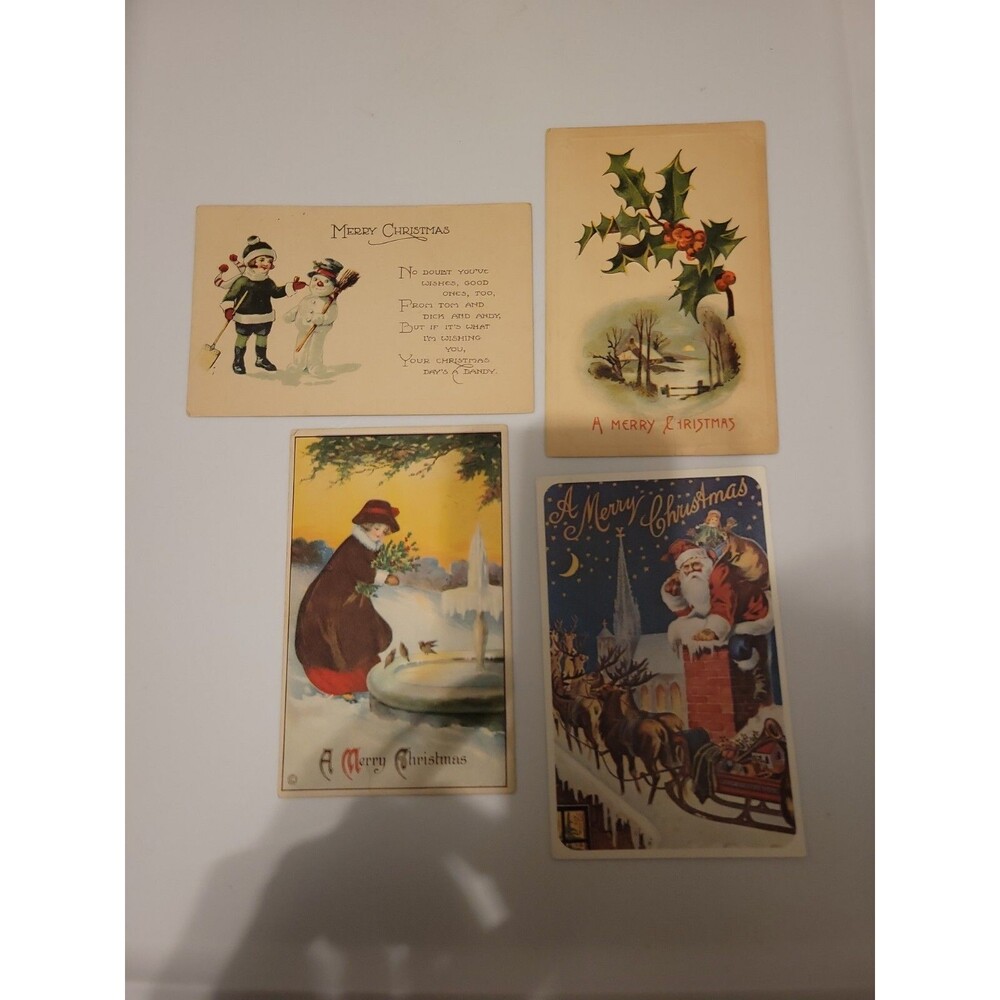 Lot Of 4 Antique Christmas Postcards 1910 1922 Santa Snowman Snow Birds Holly NH